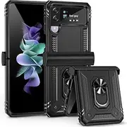[THMEIRA] Armor Case for Samsung Galaxy Z Flip 4 / Z Flip 3 5G, Military Grade Shockproof Samsung Z Flip 4 & Z Flip 3 Case with Hinge Protection with Finger Ring Kickstand, Black