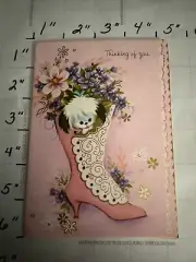 Vintage Card Thinking of you Beautiful One of a Kind Pink Puppy Flowers Fancy