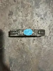 Navajo Melvin Francis Kingman Turquoise Stamped Cuff Sterling Silver 7 3/8”