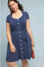 NWT MAEVE BY ANTHROPOLOGIE MARILYN Button Front Belted Navy Polka Dot Dress 3X