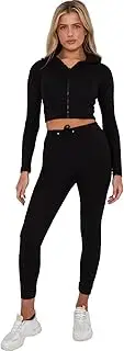 [Janisramone] Hooded Ribbed Lounge Wear Sets for Women UK with Zip Crop Top and Drawstring High Waist Leggings Gym Set, Women s Tracksuits for Running Cycling, Womens Leisure Suits
