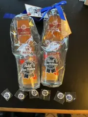 TWO PABST BLUE RIBBON BEER CAN SHAPED GLASSES And Beer Nuts, + 6 Pins Free Ship