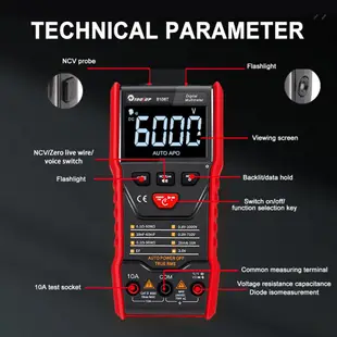 TOOLTOP 泰語語音播報萬用表 自動識別交直流電壓電流 6000顯示帶背光 手動切換測量電容/二極管/通斷測試 帶手