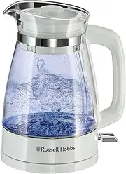 Russell Hobbs Carafe Style 1.7L Cordless Electric Glass Kettle with white handle, lid & base and blue internal illumination (Fast boil, 3KW, Anti-scale filter, Pull off lid, unique glass spout) 26081