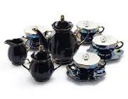 Black Gold Teapot Sugar Creamer 4 Crystal Black Gold Luster Tea Cup & Saucer Set