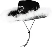 [Generic] Cowboy Hat - Felt fluffyy Feather Trim Cowgirl Hat | Denim Hat with Feather, Stylish Breathable Felt Headgear Accessories for Beach Party Festival Vacation Outdoors, Bring Glam to Your Western Look