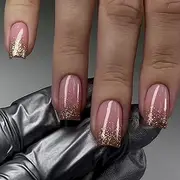 Pack of 24 Gold Glitter Press On Nails Short - Pink White Gradient Artificial Fingernails Short Square - Full Cover Fake Nails - Artificial Nails for Sticking on for Women and Girls