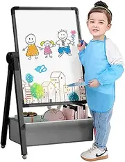 Art Easel for Kids, Double Sided Kids Easel Drawing Board, Whiteboard & Chalkboard, 360°Rotating Adjustable(Black)