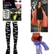 Vampire Long Cape Costume Hat Face Paint Stockings Halloween Womans Nails Blood