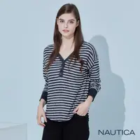 在飛比找momo購物網優惠-【NAUTICA】女裝 經典條紋V領長袖T恤(黑色)