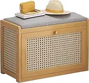 Entryway Shoe Storage Cabinet Bench with Linen Cushion Seat, Wooden 2-Tier Shoe Rack Organizer for Entryway and Hallway