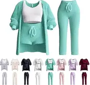[Generic] Plush and Comfortable Ladies' Home Clothes Autumn Suits Casual Pajamas Set Comfortable Knitted Suit 3/4 Pieces, Light Green-4, Small