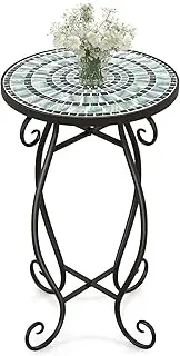 Costway Mosaic Outdoor Side Table, Round End Table with Weather Resistant Ceramic Tile Tabletop, Small Plant Stand for Balcony, Patio, Garden, Living Room, Indoor & Outdoor Accent Table