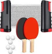 EZONEDEAL Ping Pong Paddle Set Portable Table Tennis Set with Retractable Net 2 Rackets 6 Balls Adult Indoor/Outdoor Games