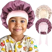 Lolalet 2 PCS Kids Bonnets for Girls, Silk Bonnet for Sleeping Reversible Satin Hat with Wide Elastic Band Night Sleep Caps for Teens Child Girls Curls Braids Natural Hair -Violet & Champagne