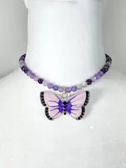 Free Spirit Fashion Purple Butterfly Choker Necklace Amethyst Beads 12.5-16in