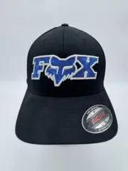 FOX Fitted Baseball Cap Black XL Lightweight Embroidered Blue Logo Flexfit NWT