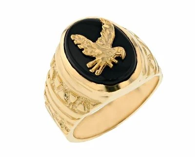 10k or 14k Yellow Gold Mens Patriotic Eagle on Onyx Heavy Filigree Ring