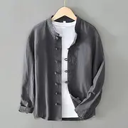 Men's Shirt Linen Shirt Viking Style Band Collar Shirt Summer Shirt Beach Wear Solid Color Vacation Street Black White Navy Blue Gray Long Sleeve Mandarin Coll