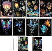 WideSmart 8pcs Scratch Paper Rainbow Painting Sketch,Rainbow Scratch Cards,Magic Engraving Scraping Painting Scratchboard Paper(A4) Creative Crafts Set with 4 Tools (Hot air Balloons/Butterflies)