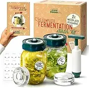 Fermentation Kit for Beginners – 2 x 1L Wide Mouth Mason Jars, Special Airlock Lids for Easy Use – Robust Hand Pump & Glass Weights for Safe Fermenting! Handy Recipe Book, Guide & Labels.