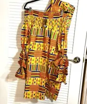 African Kente Print Dress With Head Scarf NWT Women Plus Size Small Medium