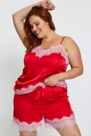 Red Lace Satin Cami Pj Pyjama Set