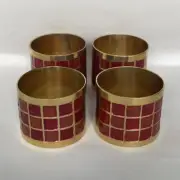 Pier 1 Mosaic Brass Enamel Napkin Rings Geometric Red Burnt Orange Set of 4 NWT