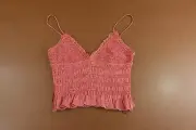Zara Womens Medium Red Gingham Smocked Ruffle Hem V Neck Cropped Tank Top NWT