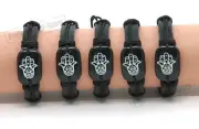 5 Sacred Hamsa hand Black Leather Bracelet charm Bangle Wristband Punk Shield
