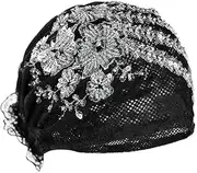 [Generic] Women Lace Turban Hat Muslim Hijab Cap Beanie Embroidery Floral Beaded Head Wrap Cover Elastic Bonnet Hair Loss Hat