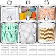 AOZITA 6 Pack Acrylic Qtip Holder Dispenser for Cotton Ball, Cotton Swab, Cotton Round Pads, Floss - Clear Plastic Apothecary Jar Set, Bathroom Canister Storage Organization, Vanity Makeup Organizer