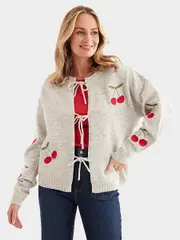 Womens Tie Front Knit Cardigan With Embroidery