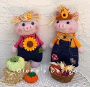 Set of 2 Crochet amigurumi pig piglet piggy Scarecrow Harvest Halloween 10.5"