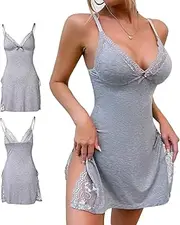 [ADYING] Lace Trim Slit Nightgown Lace Trim Side Sleep Dress Slit Bowknot Decor Sleep Spaghetti Dress