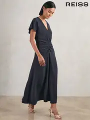 Reiss Navy Rowe Ruched-Front Midi Dress (W30199) | $465