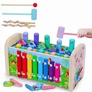 Wooden Hammering Pounding Toy, 7 in 1 Montessori Sensory Toys for Toddlers and Kids 1 Year +, Xylophone Fine Motor Skill, Developmental Learning Activity Cubes, First Birthday Gift.