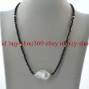 4mm Faceted Black Agate & Huge White Freshwater Keshi Baroque Pearl Necklace 18"