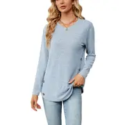 Round Neck Side Waist Button Tops - Light Blue