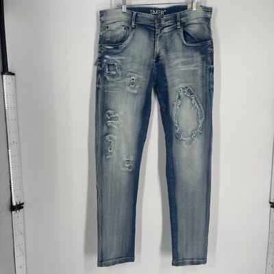 NEW TAKER PREMIUM 38X32 Slim Fit Stretch Ripped Distressed Jean Blue