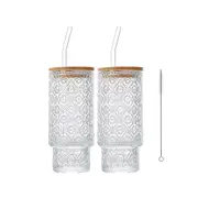 2Pcs Vintage Hobnail Drinking Glasses Embossed Water Tumbler with Straws and Lids-Style 1