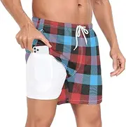 [GuoChe] Men's Swim Shorts Men 2 in 1 Workout Running Shorts Christmas Plaid Red Blue with Phone Pocket Gym Shorts Lightweight
