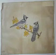 Hand-Painted STELLER'S JAY BIRDS ON A BRANCH Needlepoint Canvas 13" x 13"