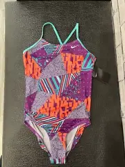 NIKE Swim Girls' Crossback One Piece Swimsuit, Vivid Purple Mashup, Medium