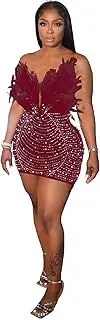 [RanRui] Sparkly Mini Dresses for Women Sexy Feather Hot Diamond Pearl Skinny Hip Wrap Dress Perfect Party Cocktail, Homecoming, Prom Dresses with Sequins & Glitter (burgundy,1XL), Burgundy, X-Large