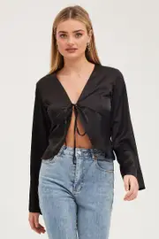 Black Satin Jacket Long Sleeve - Size 6, Women's Bolero