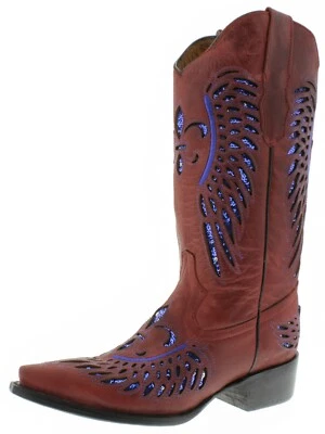 Womens Cowboy Boots Red Fleur-De-Lis Wings Blue Sequins Snip Toe Size 4.5-8