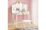 Keezi Kids Dressing Table Vanity Makeup Chair Set Wooden 3 Mirror Drawer White
