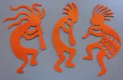 Set 3 Kokopelli Musicians Fertility Metal Wall Art Each 18" Tall Orange Finish
