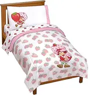 Jay Franco Strawberry Shortcake Toddler Comforter Set - 4 Piece Bedding Includes Sheet Set & Pillow Cover - Super Soft Pink & White Kids Bedding